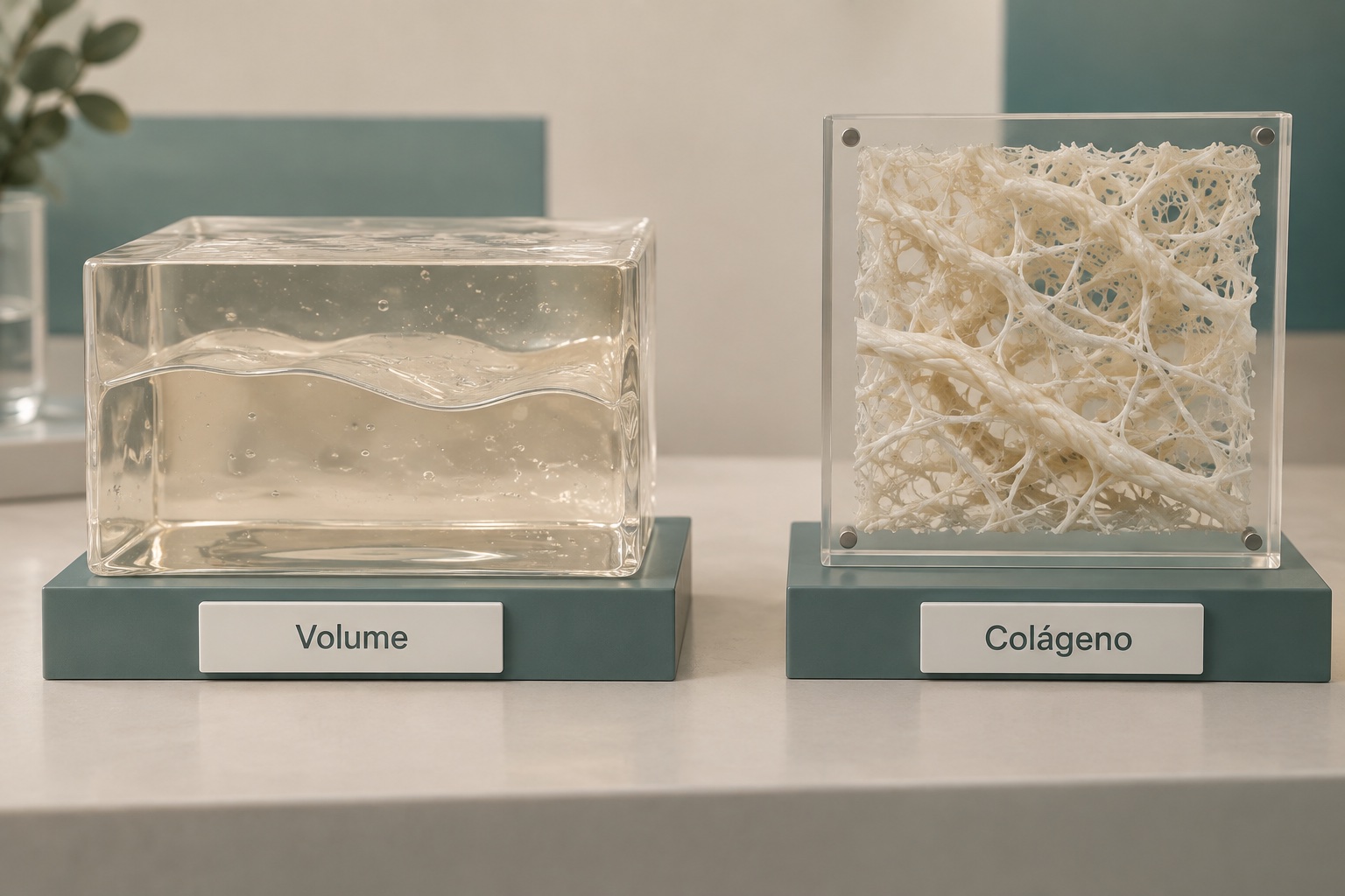 Modelos físicos distinguindo volume e fibras de colágeno.