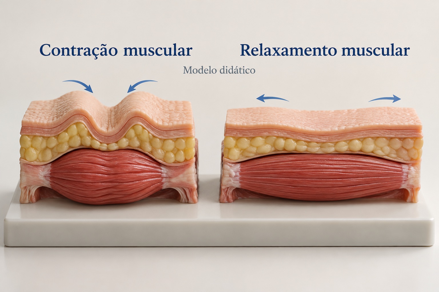 Modelos didáticos de pele e músculo em contração e relaxamento.