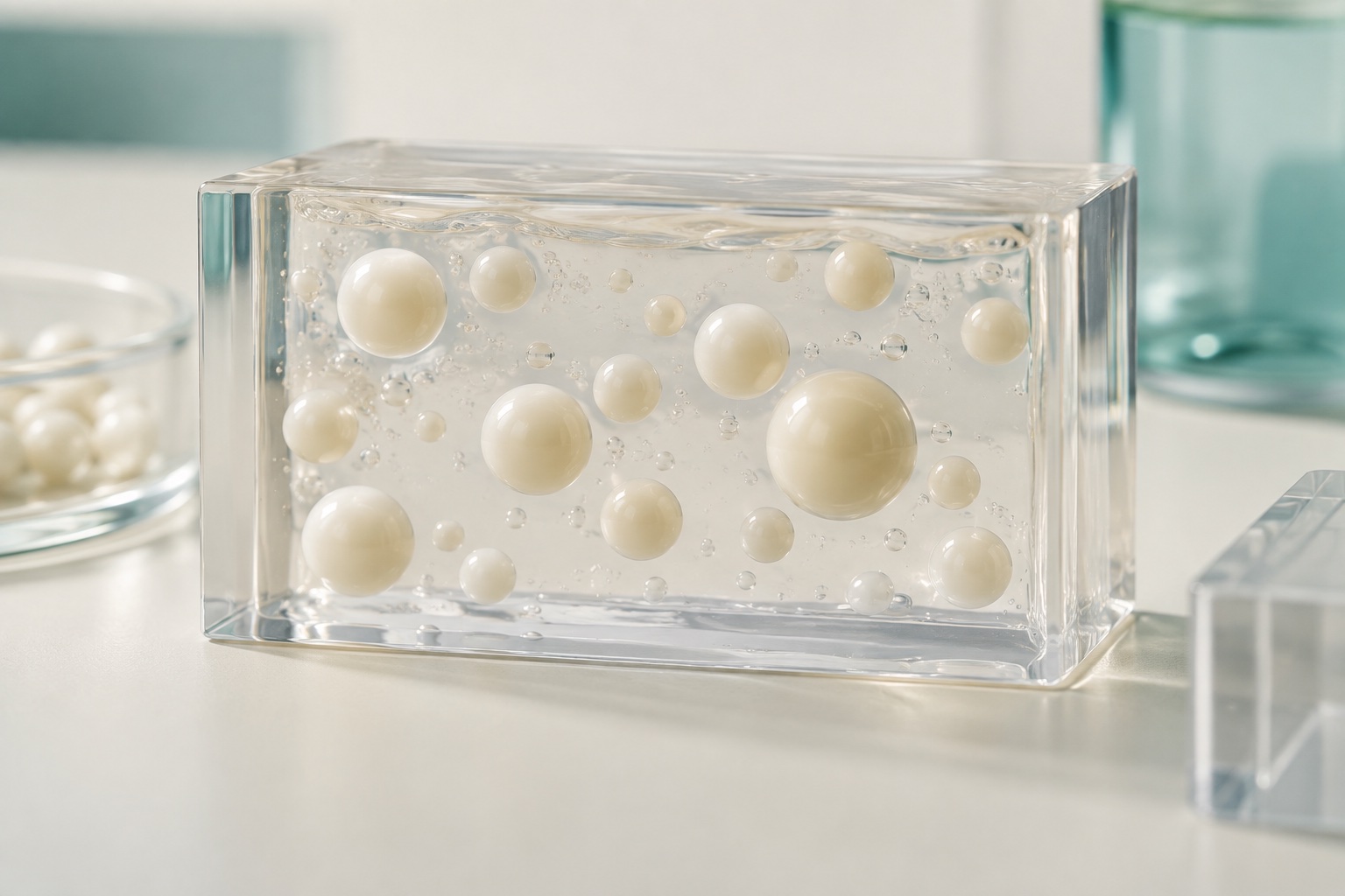 Esferas de resina em gel transparente em recipiente didático.