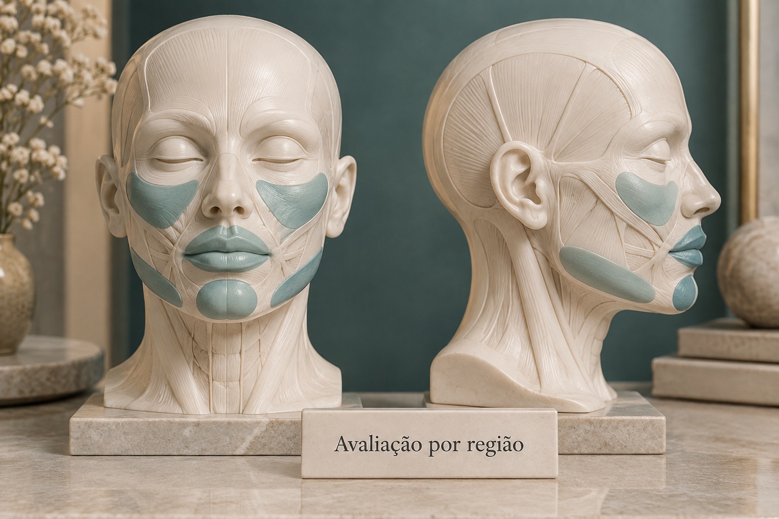 Esculturas didáticas faciais com regiões destacadas para avaliação.