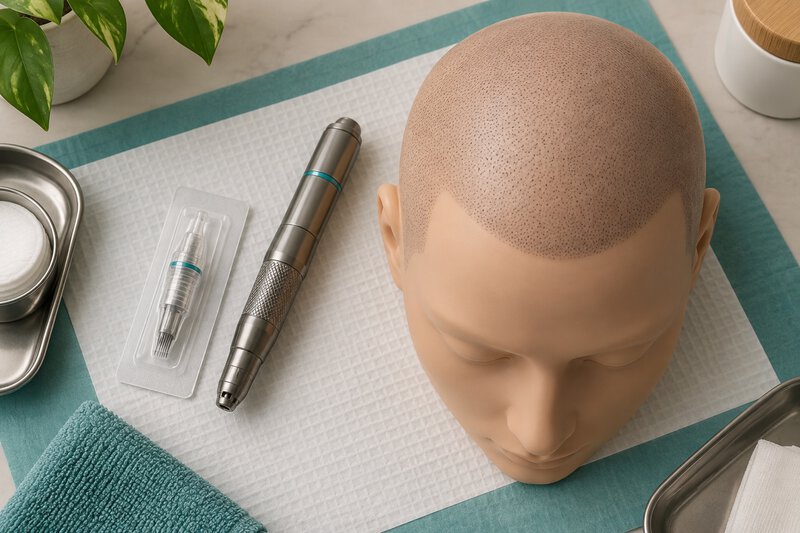 Dermógrafo genérico e cartucho ao lado de modelo de treinamento.
