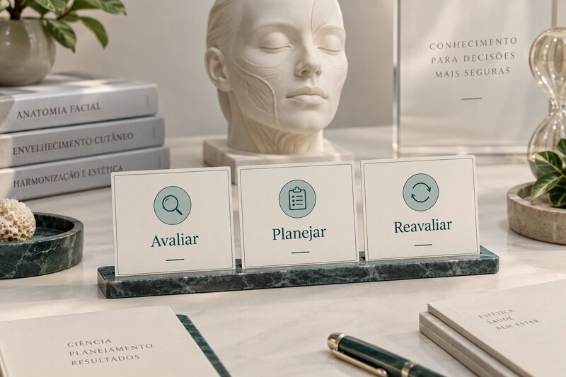 Cartões com avaliar, planejar e reavaliar ao lado de uma escultura.