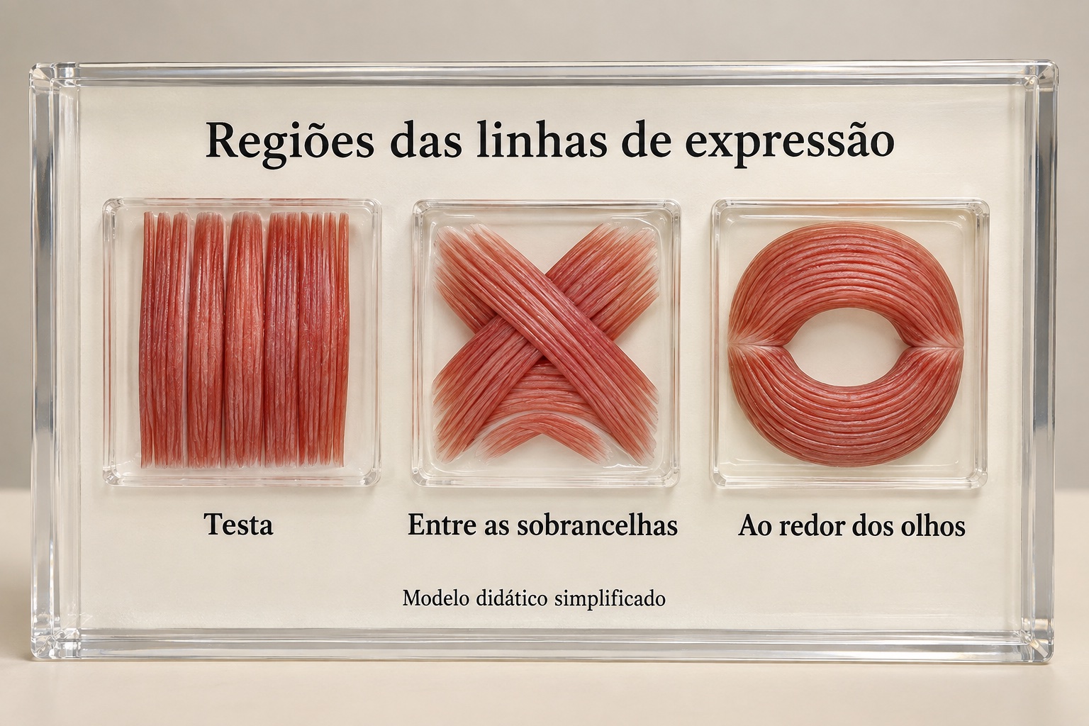 Modelos de padrões musculares das regiões da testa, entre as sobrancelhas e ao redor dos olhos.