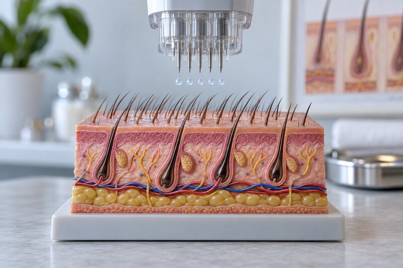 Modelo didático de microagulhas e couro cabeludo.