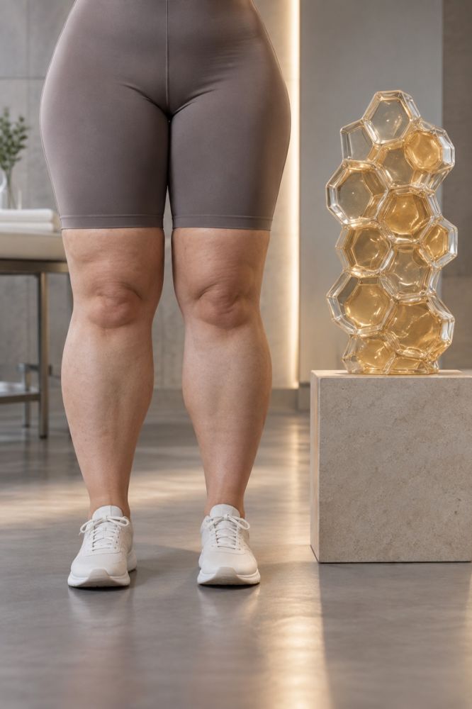 Mulher com distribuição simétrica nas pernas e escultura em colmeia como metáfora do tecido adiposo