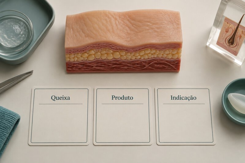 Modelo de pele e cartões com queixa, produto e indicação.