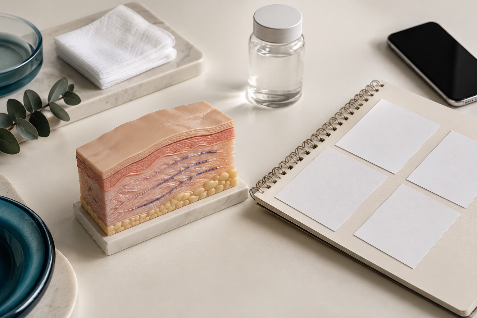 Caderno, compressa e cartões para orientação.