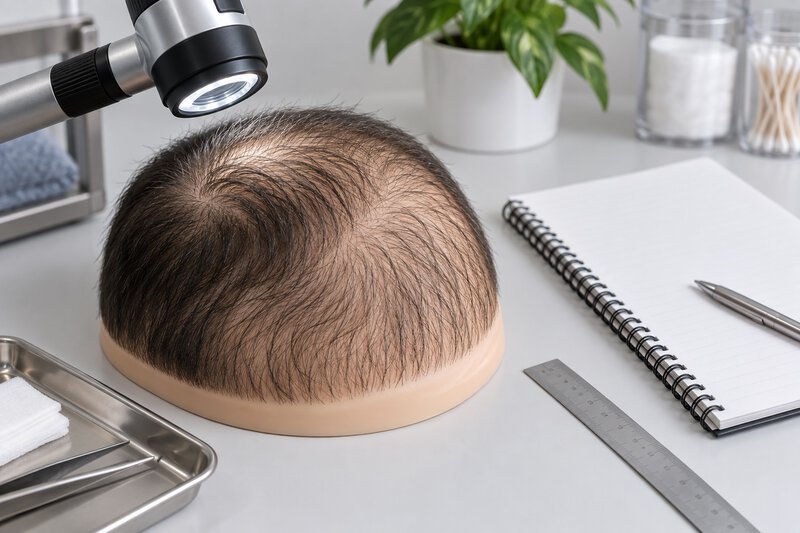 Modelo de couro cabeludo durante avaliação com dermatoscópio genérico.