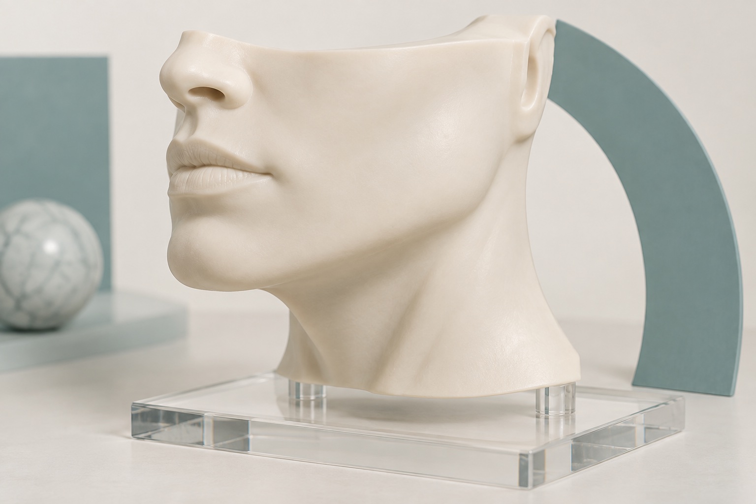Escultura do queixo e da linha mandibular em resina.