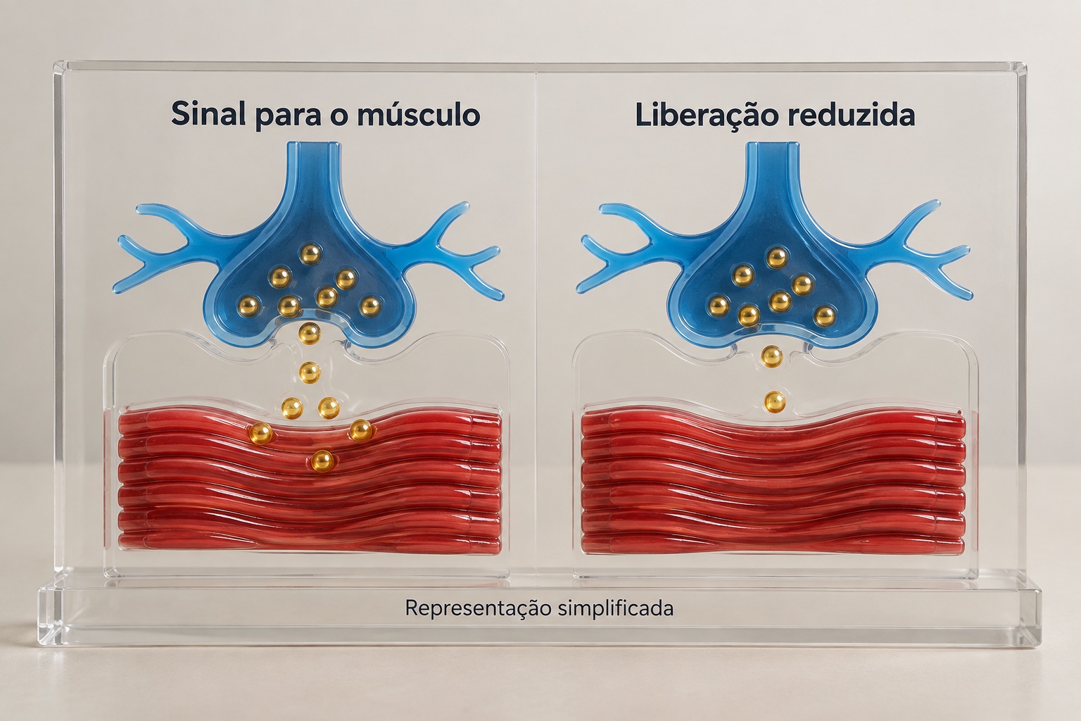 Modelo simplificado da comunicação entre nervo e músculo e da redução da liberação do sinal.