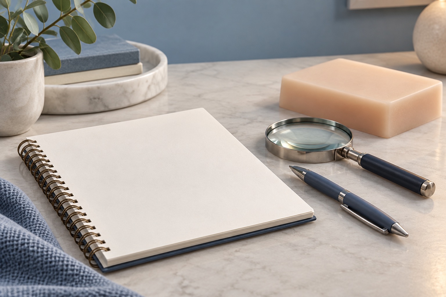 Caderno em branco e materiais didáticos.