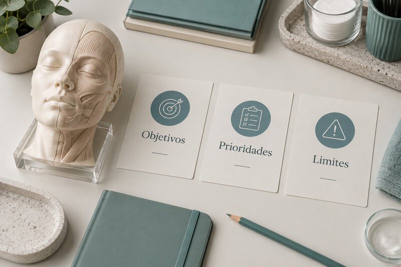 Modelo facial e cartões com objetivos, prioridades e limites.