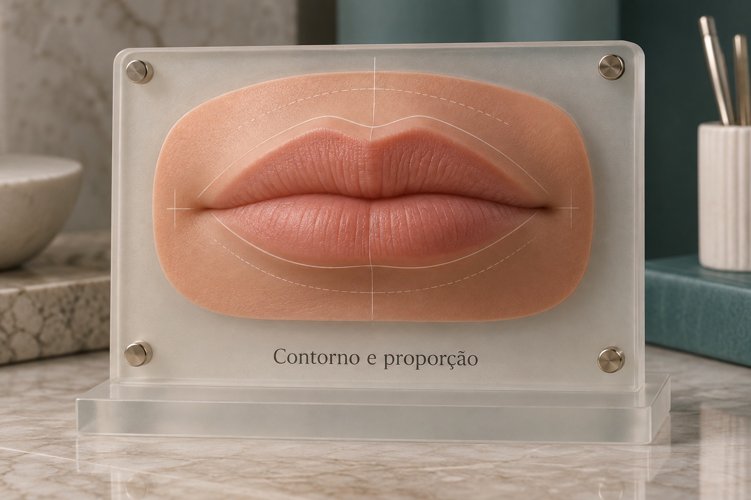 Modelo de silicone ilustrando contorno e proporção labial.