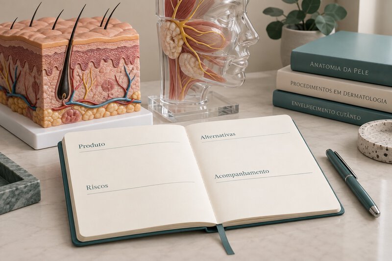 Caderno com perguntas sobre produto, riscos, alternativas e acompanhamento.