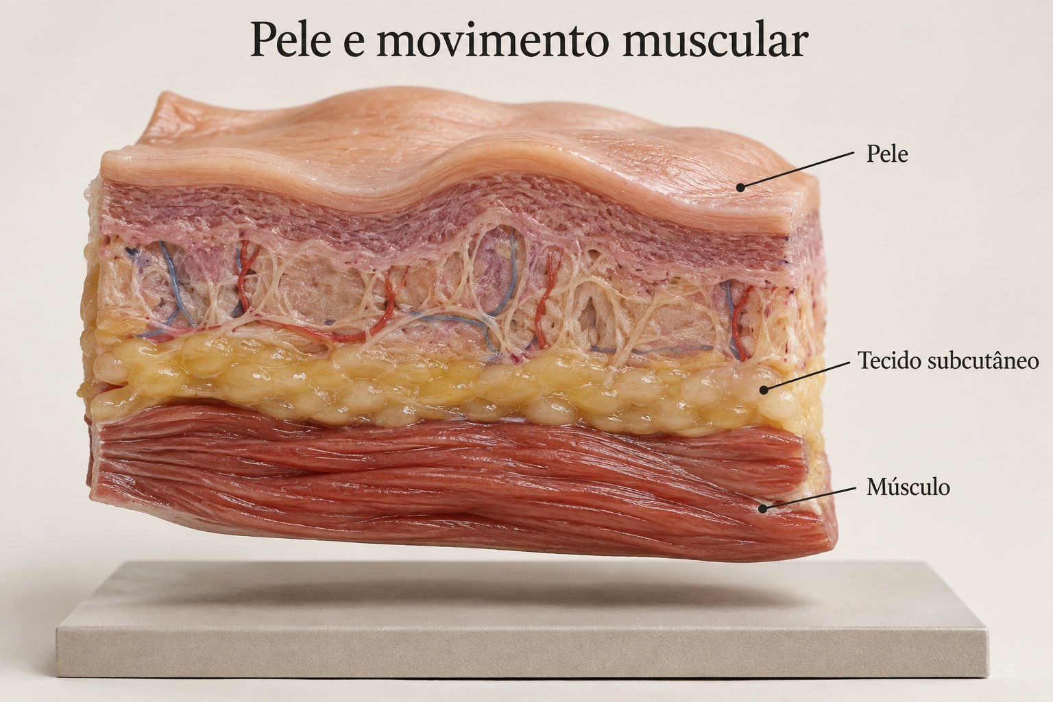 Modelo didático em corte com pele, tecido subcutâneo e músculo.