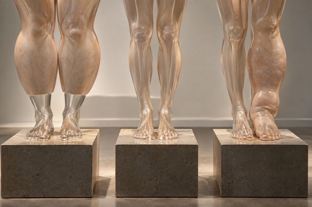 Três modelos de pernas representando padrões diferentes que exigem diagnóstico profissional
