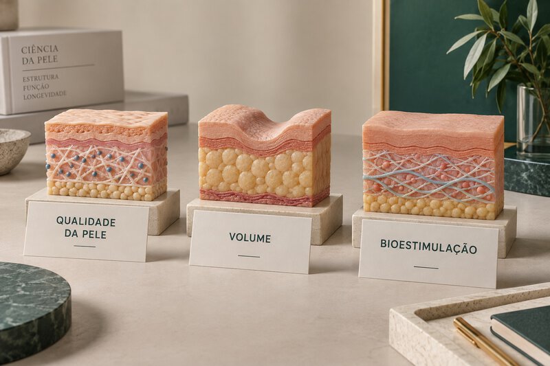 Cartões de qualidade da pele, volume e bioestimulação.
