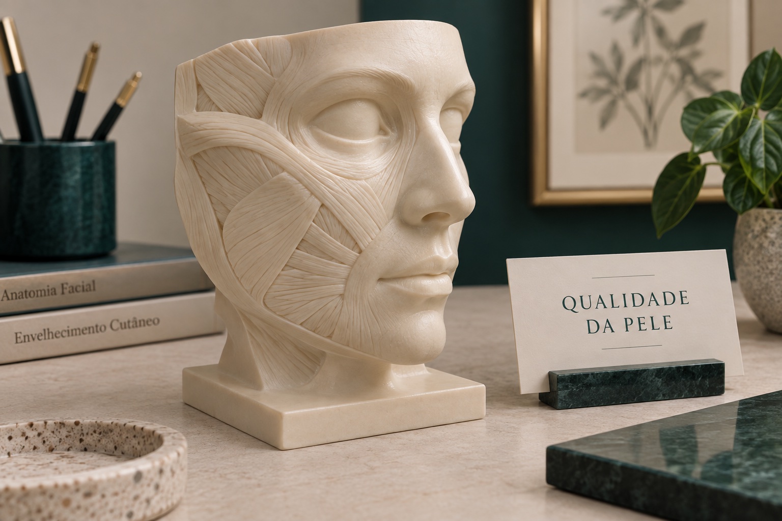 Escultura didática de bochechas em resina marfim.