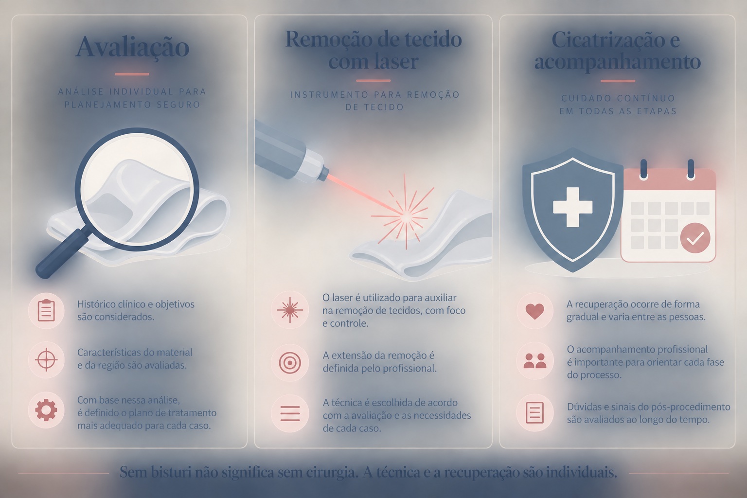Infográfico: avaliação, remoção de tecido com laser e cicatrização.