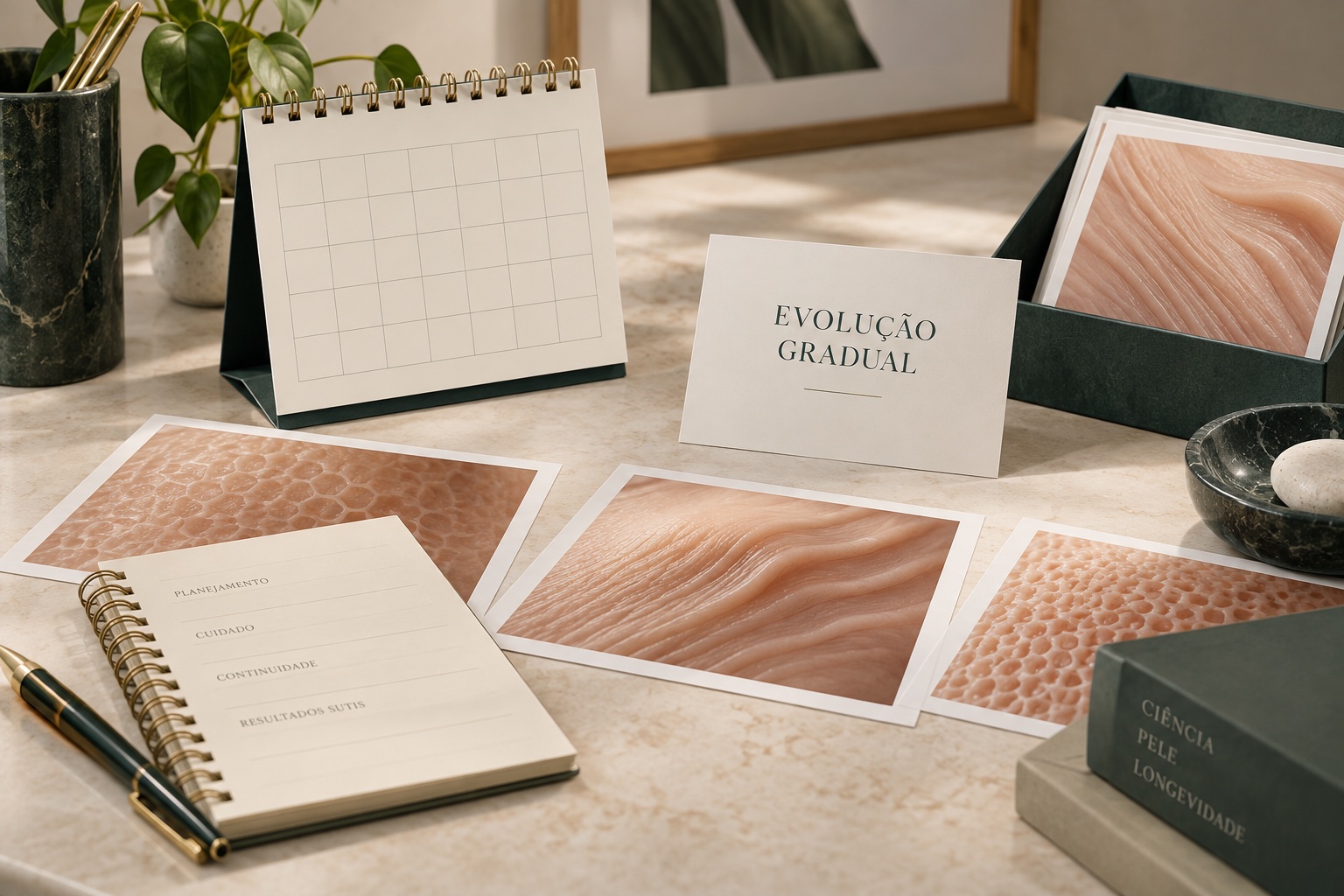 Calendário e caderno em mesa de acompanhamento.