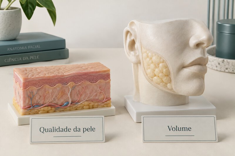 Modelos e cartões distinguindo qualidade da pele e volume.