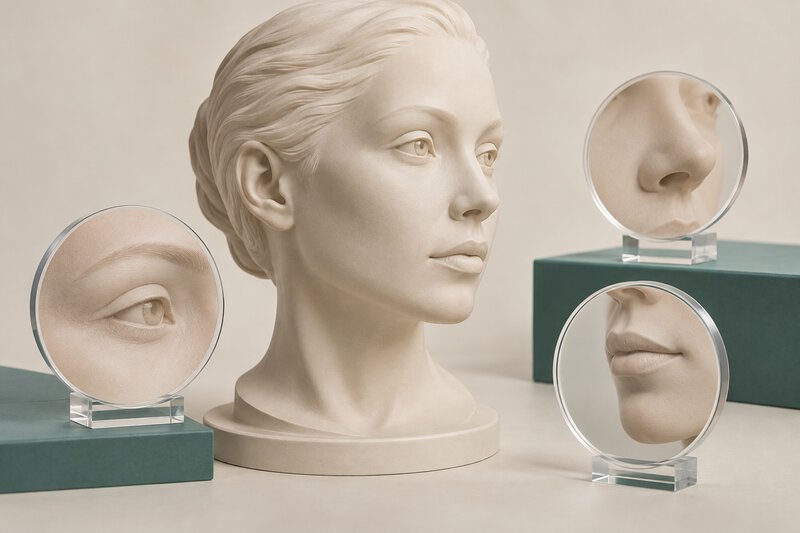 Escultura didática facial acompanhada de lentes conceituais.