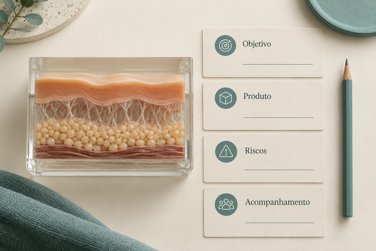Cartões com objetivo, produto, riscos e acompanhamento.