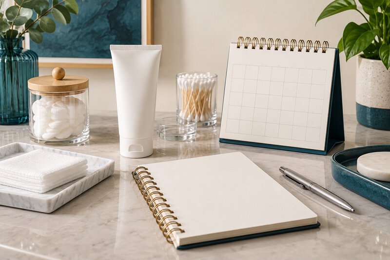 Caderno, compressas e itens genéricos de cuidado.
