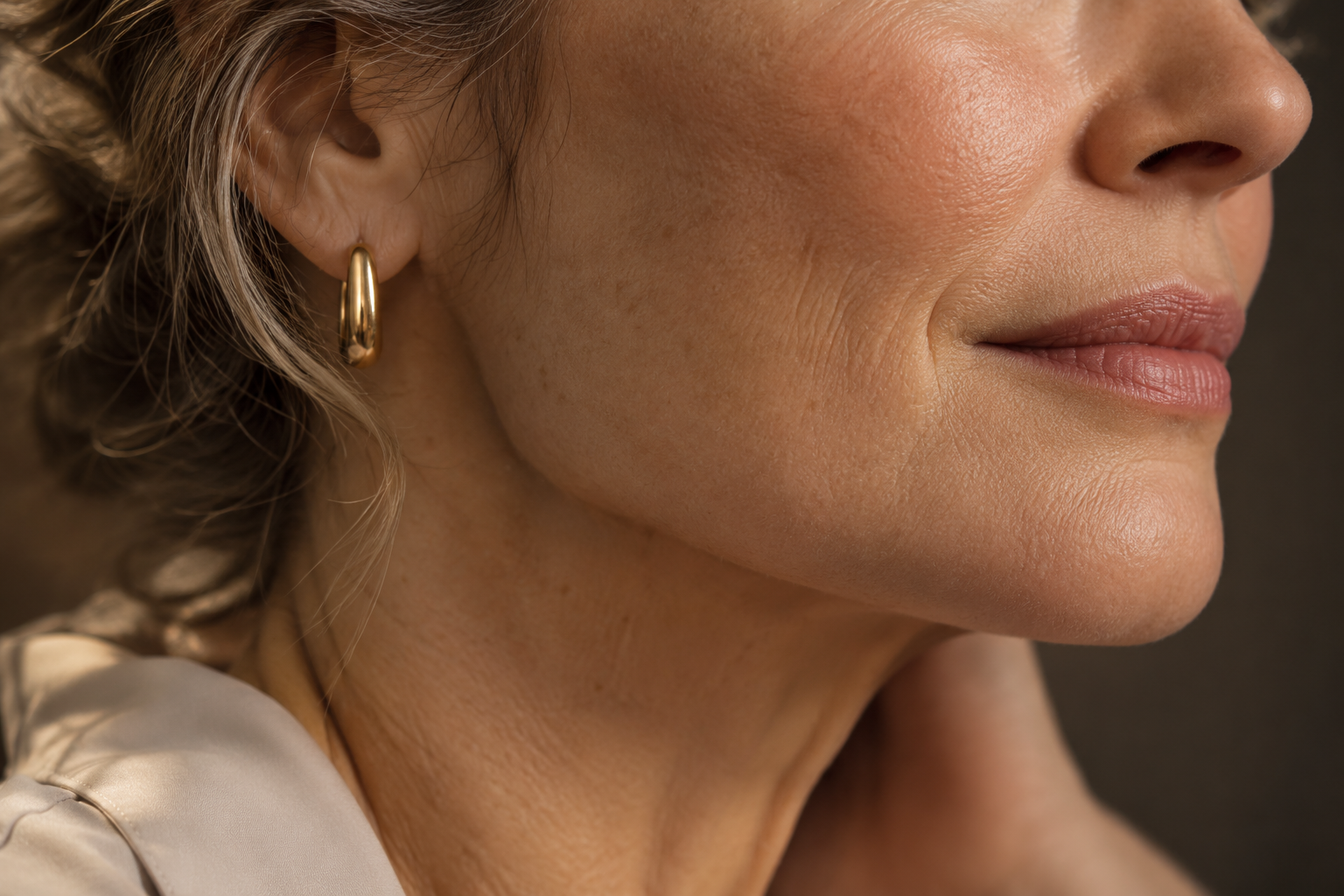 Detalhe de contorno facial de uma modelo fictícia gerada por IA. Imagem ilustrativa; não é paciente nem resultado de procedimento.